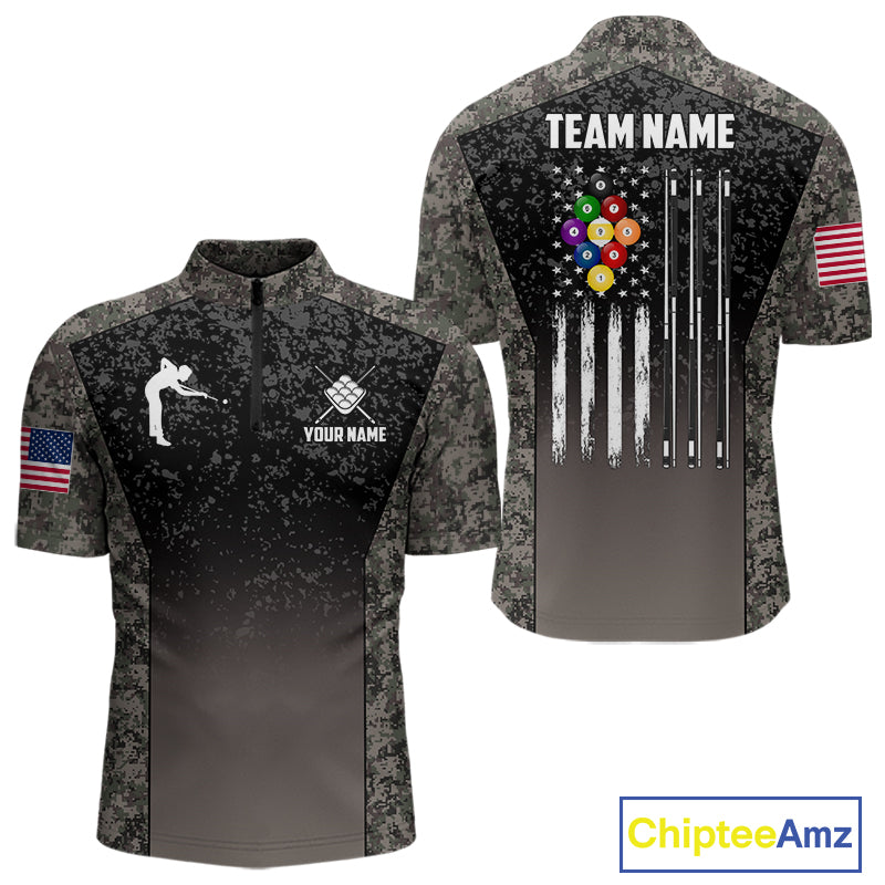 Custom Vintage Camo US Flag 9 Ball Pool Shirt For Men, Patriotic Billiard Jersey Polo & 1/4 Zip TDM7943