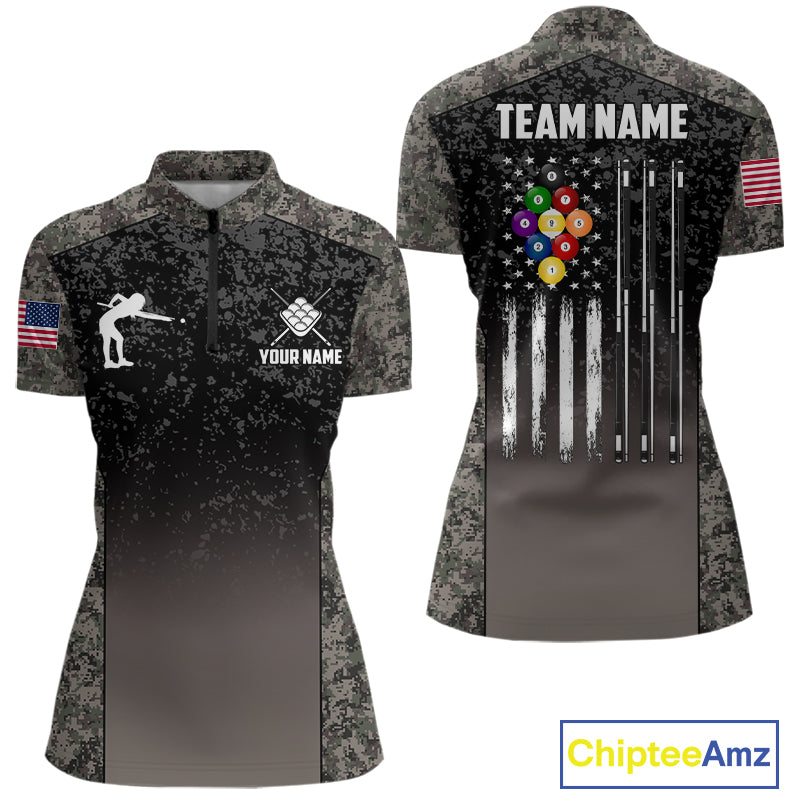 Custom Vintage Camo US Flag 9 Ball Pool Shirt For Women, Patriotic Billiard Jersey Polo & 1/4 Zip TDM7943