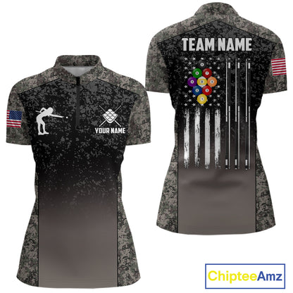 Custom Vintage Camo US Flag 9 Ball Pool Shirt For Women, Patriotic Billiard Jersey Polo & 1/4 Zip TDM7943