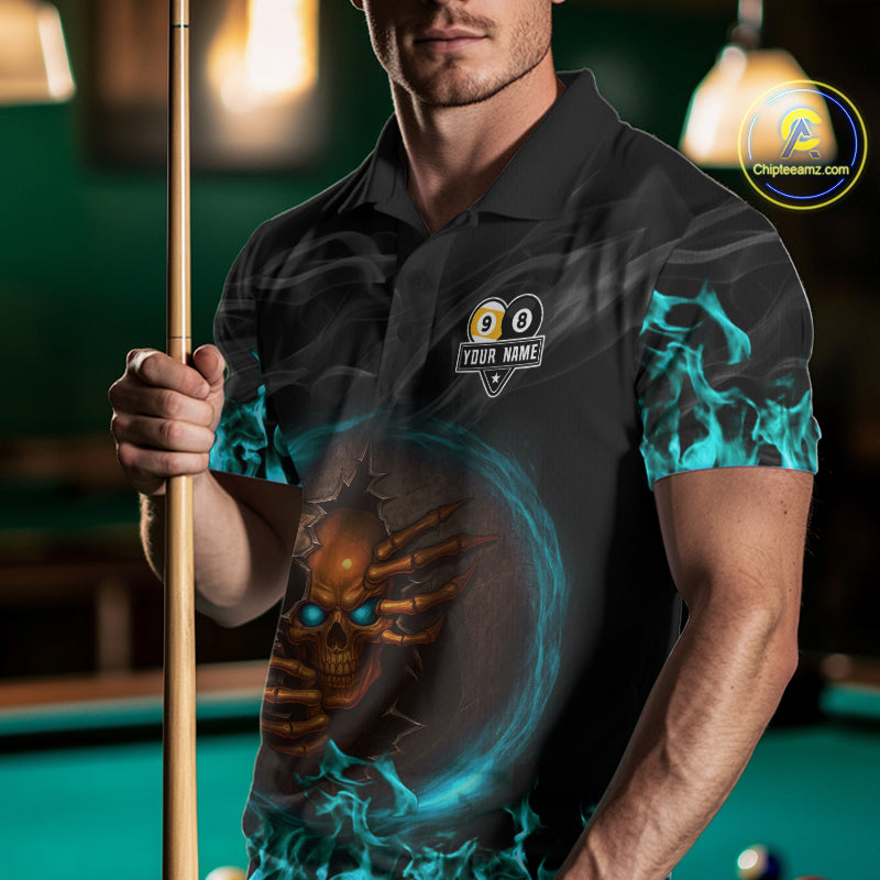 Funny Skull Billiard 8 Ball & 9 Ball Pool Shirt For Men Custom Teal Flaming Billiard Team Jersey TDM7944