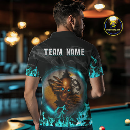 Funny Skull Billiard 8 Ball & 9 Ball Pool Shirt For Men Custom Teal Flaming Billiard Team Jersey TDM7944