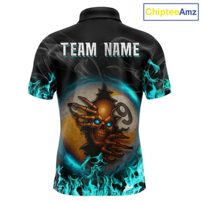 Funny Skull Billiard 8 Ball & 9 Ball Pool Shirt For Men Custom Teal Flaming Billiard Team Jersey TDM7944