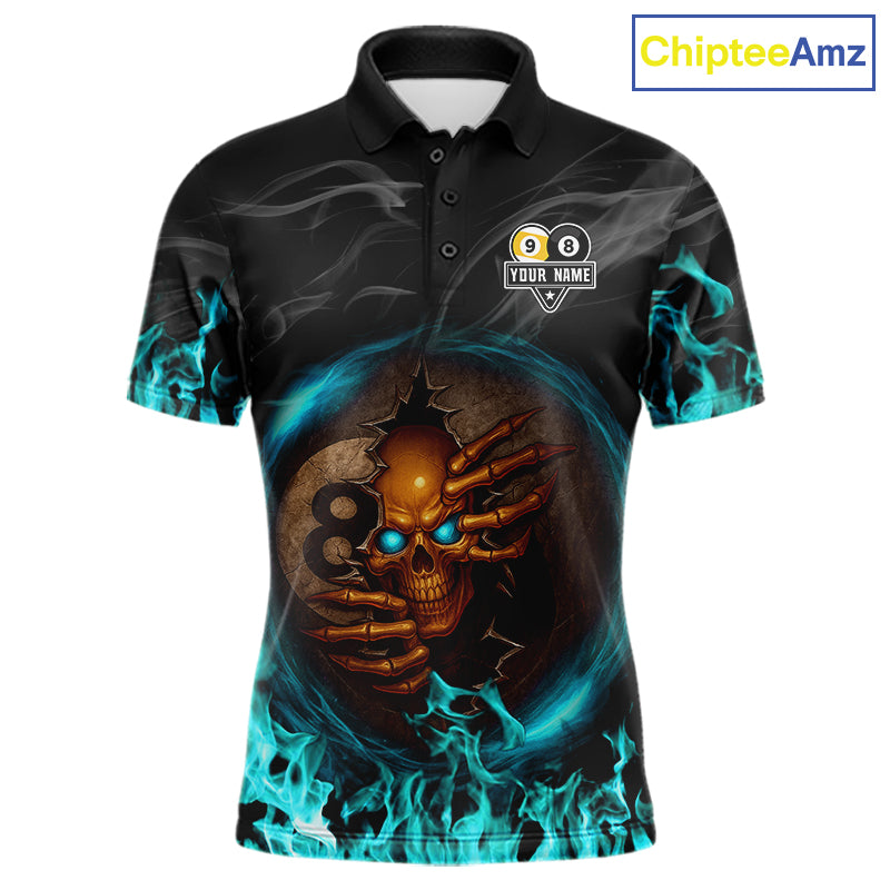 Funny Skull Billiard 8 Ball & 9 Ball Pool Shirt For Men Custom Teal Flaming Billiard Team Jersey TDM7944