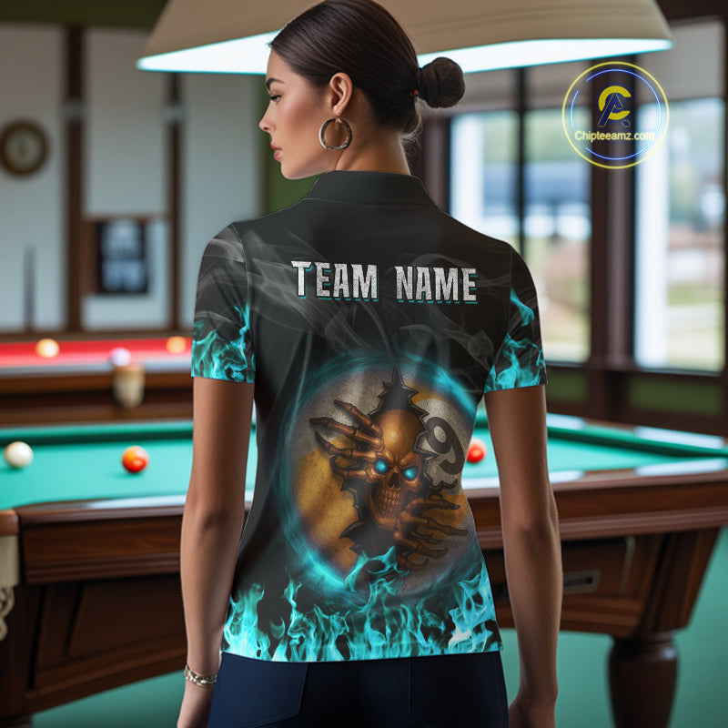 Funny Skull Billiard 8 Ball & 9 Ball Pool Shirt For Women Custom Teal Flaming Billiard Team Jersey TDM7944