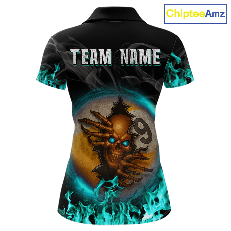 Funny Skull Billiard 8 Ball & 9 Ball Pool Shirt For Women Custom Teal Flaming Billiard Team Jersey TDM7944