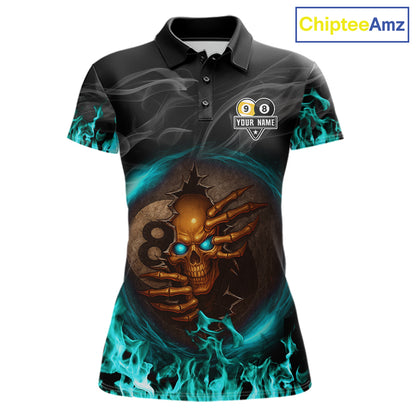 Funny Skull Billiard 8 Ball & 9 Ball Pool Shirt For Women Custom Teal Flaming Billiard Team Jersey TDM7944