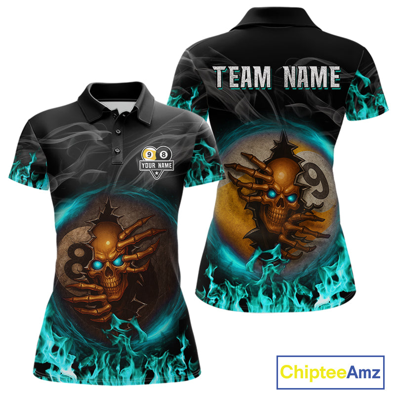 Funny Skull Billiard 8 Ball & 9 Ball Pool Shirt For Women Custom Teal Flaming Billiard Team Jersey TDM7944