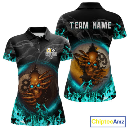 Funny Skull Billiard 8 Ball & 9 Ball Pool Shirt For Women Custom Teal Flaming Billiard Team Jersey TDM7944