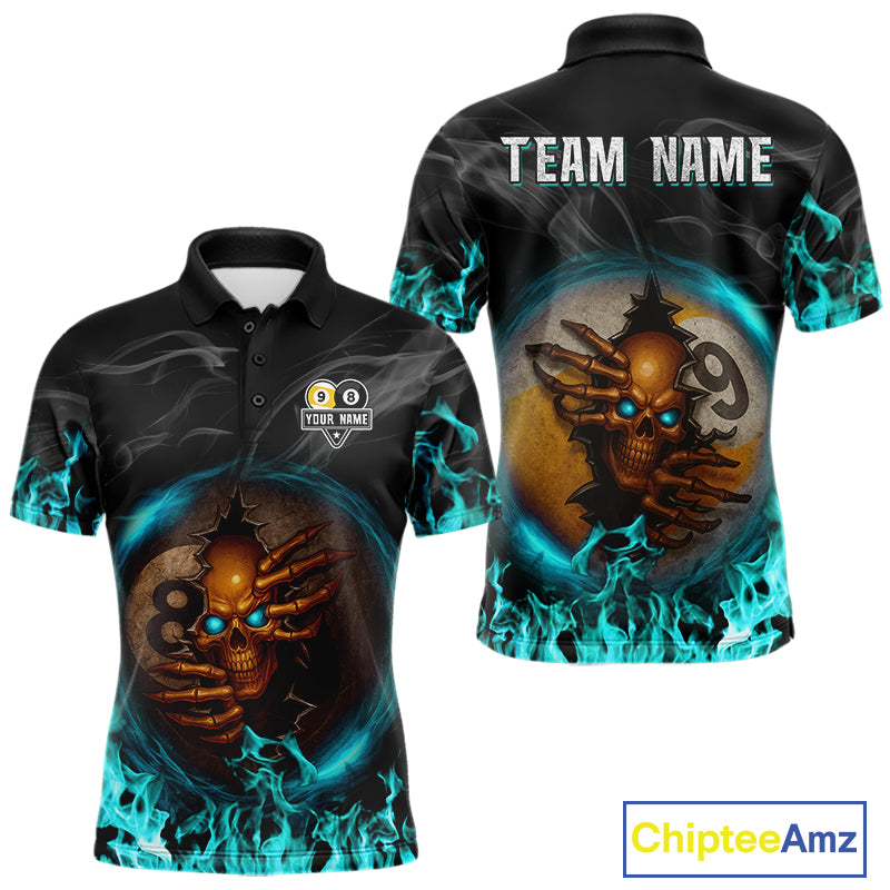 Funny Skull Billiard 8 Ball & 9 Ball Pool Shirt For Men Custom Teal Flaming Billiard Team Jersey TDM7944