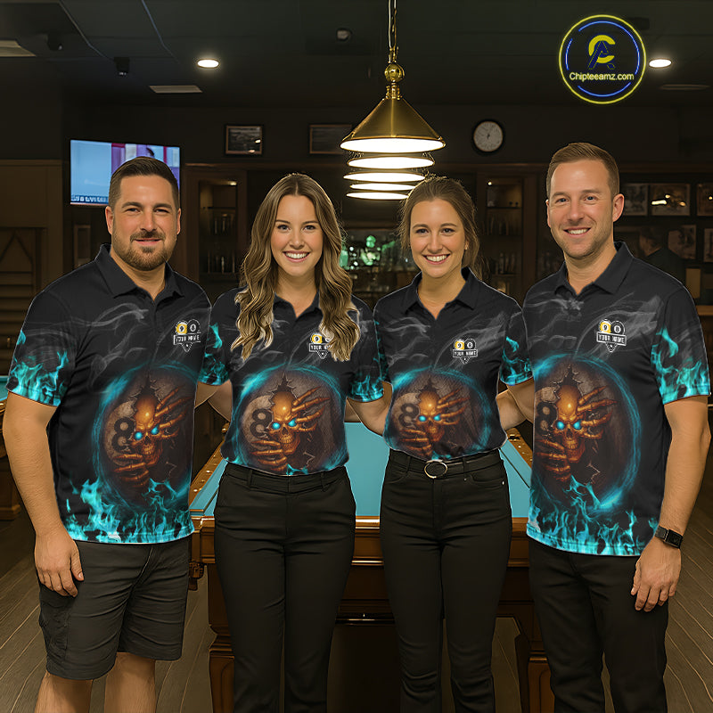 Funny Skull Billiard 8 Ball & 9 Ball Pool Shirt For Women Custom Teal Flaming Billiard Team Jersey TDM7944