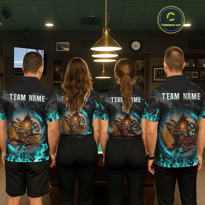 Funny Skull Billiard 8 Ball & 9 Ball Pool Shirt For Women Custom Teal Flaming Billiard Team Jersey TDM7944