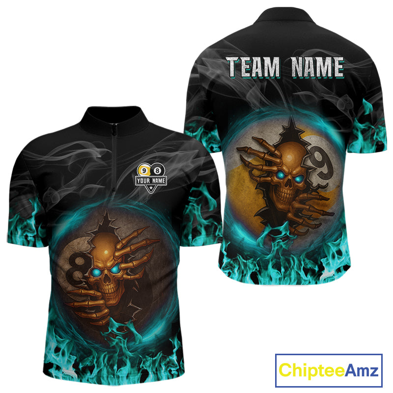 Funny Skull Billiard 8 Ball & 9 Ball Pool Shirt For Men Custom Teal Flaming Billiard Team Jersey TDM7944
