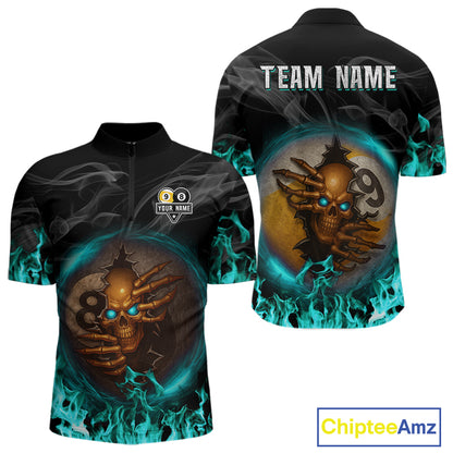Funny Skull Billiard 8 Ball & 9 Ball Pool Shirt For Men Custom Teal Flaming Billiard Team Jersey TDM7944