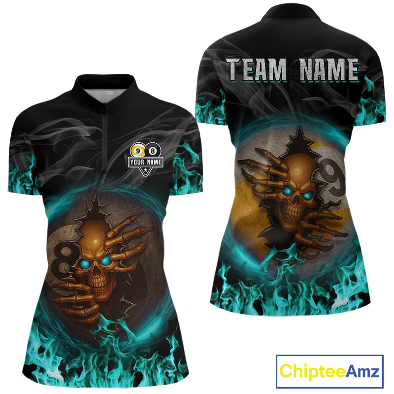 Funny Skull Billiard 8 Ball & 9 Ball Pool Shirt For Women Custom Teal Flaming Billiard Team Jersey TDM7944
