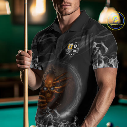 Funny Skull Billiard 8 Ball & 9 Ball Pool Shirt For Men Custom Grey Flaming Billiard Team Jersey TDM7945