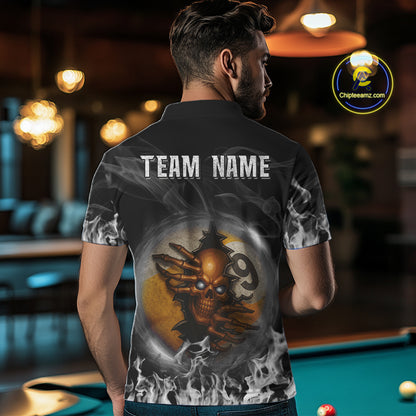 Funny Skull Billiard 8 Ball & 9 Ball Pool Shirt For Men Custom Grey Flaming Billiard Team Jersey TDM7945