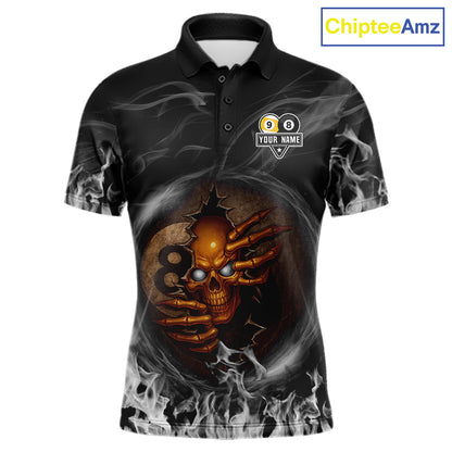 Funny Skull Billiard 8 Ball & 9 Ball Pool Shirt For Men Custom Grey Flaming Billiard Team Jersey TDM7945