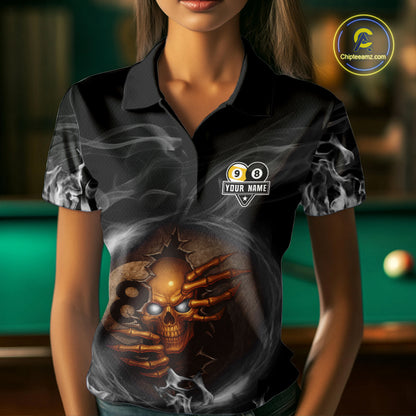 Funny Skull Billiard 8 Ball & 9 Ball Pool Shirt For Women Custom Grey Flaming Billiard Team Jersey TDM7945