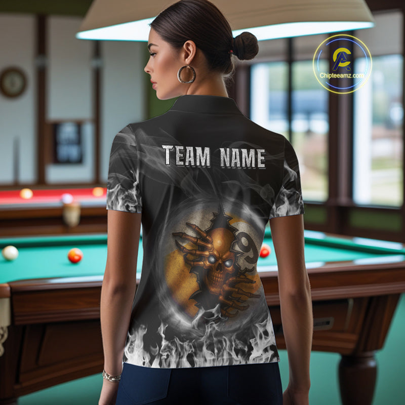 Funny Skull Billiard 8 Ball & 9 Ball Pool Shirt For Women Custom Grey Flaming Billiard Team Jersey TDM7945