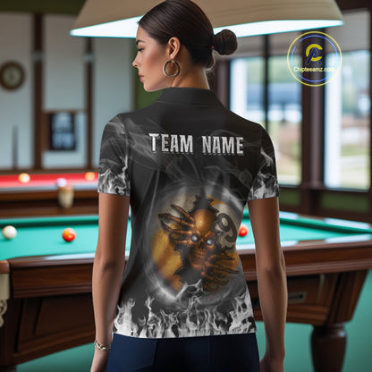 Funny Skull Billiard 8 Ball & 9 Ball Pool Shirt For Women Custom Grey Flaming Billiard Team Jersey TDM7945