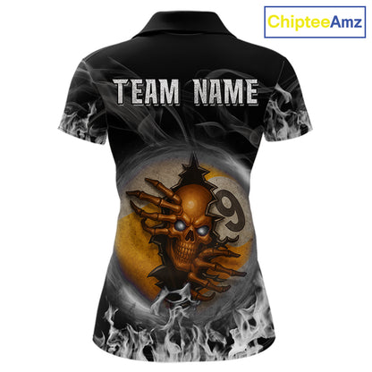 Funny Skull Billiard 8 Ball & 9 Ball Pool Shirt For Women Custom Grey Flaming Billiard Team Jersey TDM7945