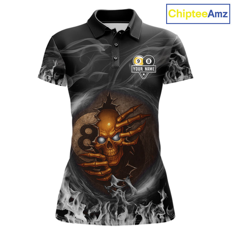 Funny Skull Billiard 8 Ball & 9 Ball Pool Shirt For Women Custom Grey Flaming Billiard Team Jersey TDM7945