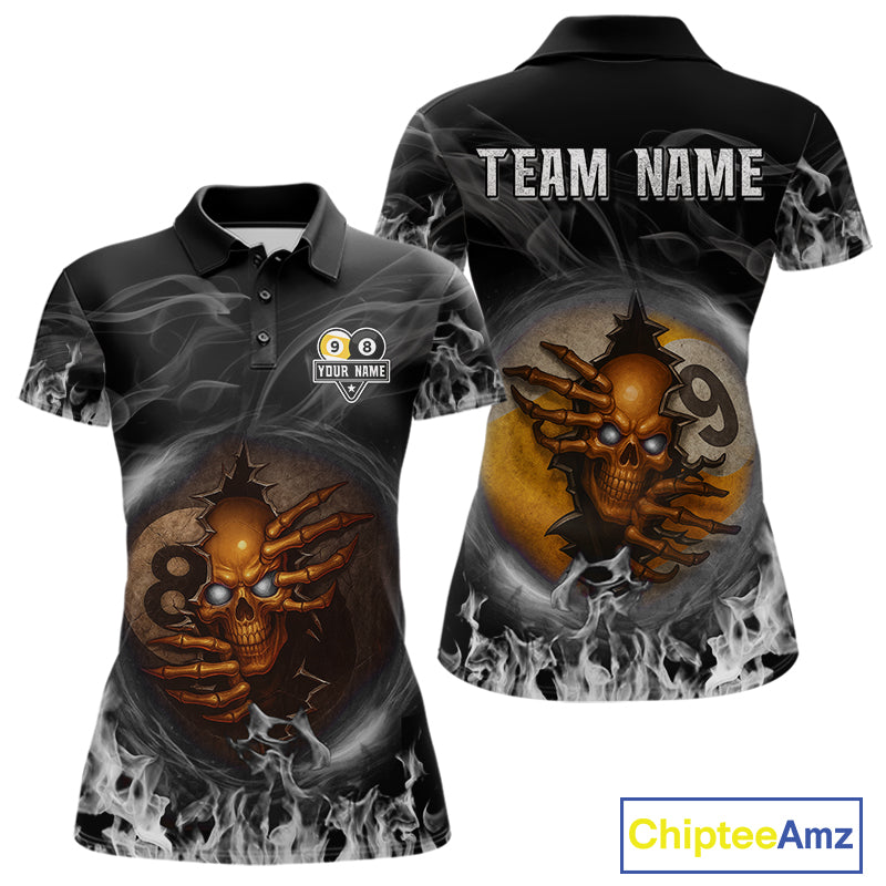 Funny Skull Billiard 8 Ball & 9 Ball Pool Shirt For Women Custom Grey Flaming Billiard Team Jersey TDM7945