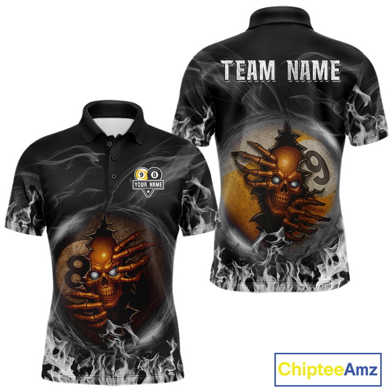 Funny Skull Billiard 8 Ball & 9 Ball Pool Shirt For Men Custom Grey Flaming Billiard Team Jersey TDM7945