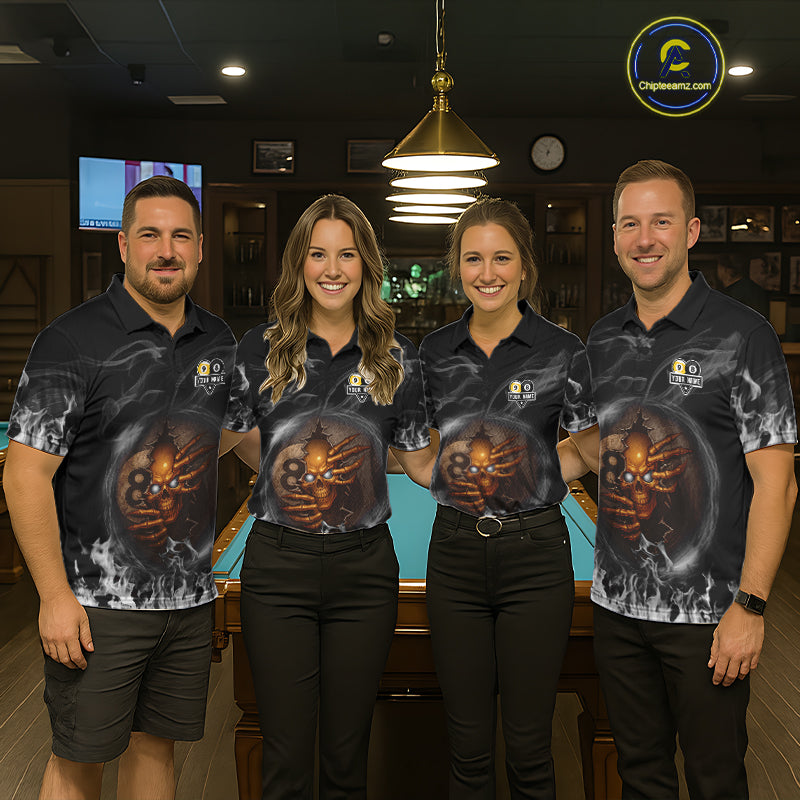 Funny Skull Billiard 8 Ball & 9 Ball Pool Shirt For Women Custom Grey Flaming Billiard Team Jersey TDM7945
