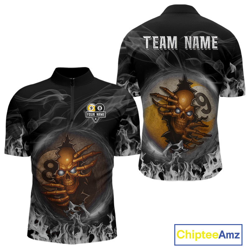 Funny Skull Billiard 8 Ball & 9 Ball Pool Shirt For Men Custom Grey Flaming Billiard Team Jersey TDM7945
