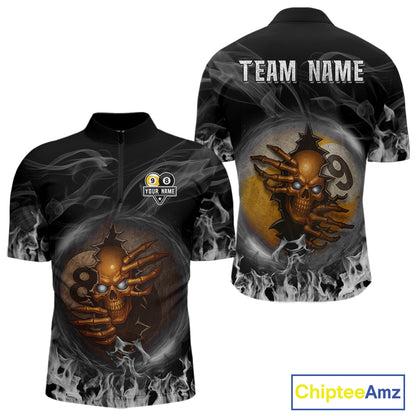 Funny Skull Billiard 8 Ball & 9 Ball Pool Shirt For Men Custom Grey Flaming Billiard Team Jersey TDM7945