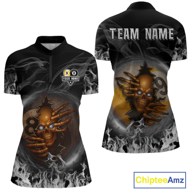 Funny Skull Billiard 8 Ball & 9 Ball Pool Shirt For Women Custom Grey Flaming Billiard Team Jersey TDM7945
