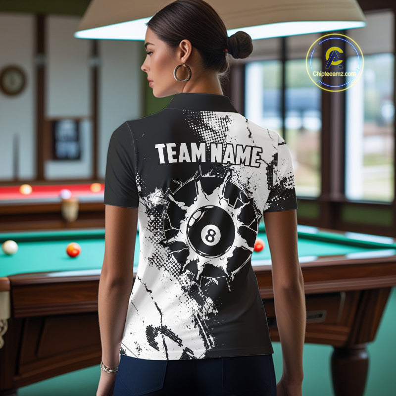 Black And White 8 Ball Billiard Jersey For Women Custom Billiard Tournament Shirt, Pool Team Jersey TDM7949