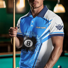 Load image into Gallery viewer, Personalized Blue And White  8 Ball Billiard Shirts For Men Custom 8 Ball Pool Billiard Team Jersey TDM3469