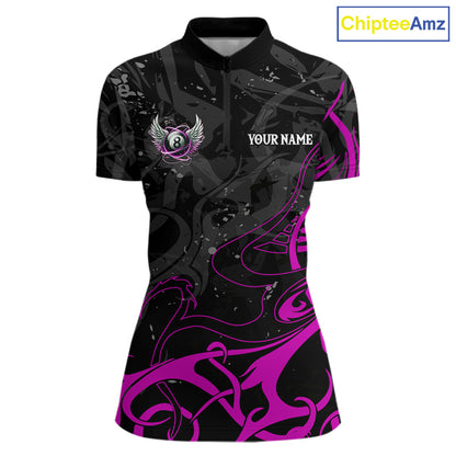 Black And Purple 8 Ball Wings Billiard Shirt For Women Custom Tribal Pool Jersey Team Polo & 1/4 Zip TDM5774