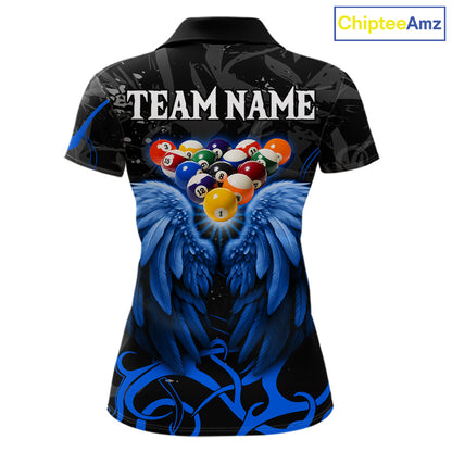 Black And Blue 8 Ball Wings Billiard Shirt For Women Custom Tribal Pool Jersey Team Polo & 1/4 Zip TDM5775