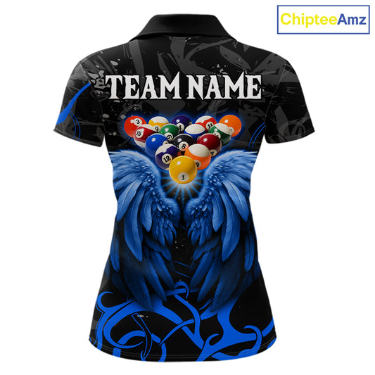 Black And Blue 8 Ball Wings Billiard Shirt For Women Custom Tribal Pool Jersey Team Polo & 1/4 Zip TDM5775