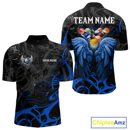 Black And Blue 8 Ball Wings Billiard Shirt For Men Custom Tribal Pool Jersey Team Polo & 1/4 Zip TDM5775