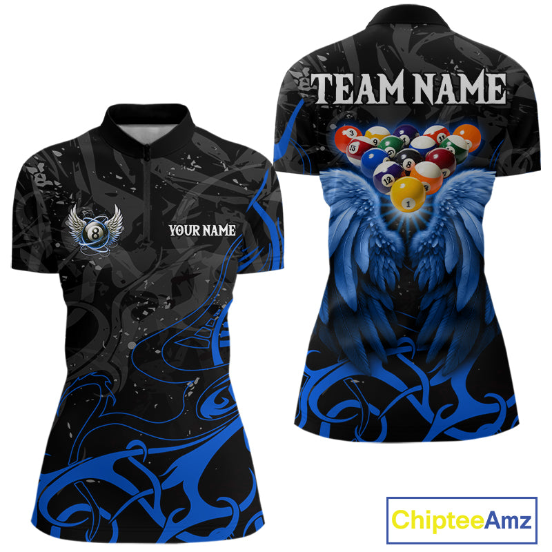 Black And Blue 8 Ball Wings Billiard Shirt For Women Custom Tribal Pool Jersey Team Polo & 1/4 Zip TDM5775