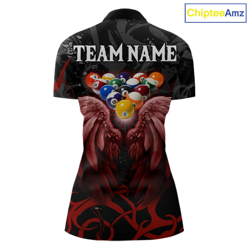 Black And Red 8 Ball Wings Billiard Shirt For Women Custom Tribal Pool Jersey Team Polo & 1/4 Zip TDM5776