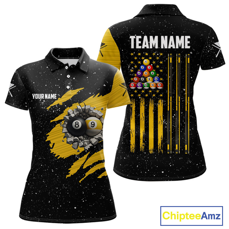 Yellow Black Grunge US Flag 8 Ball & 9 Ball Pool Women's Billiard Shirt Custom Billiard Team Jersey TDM5777