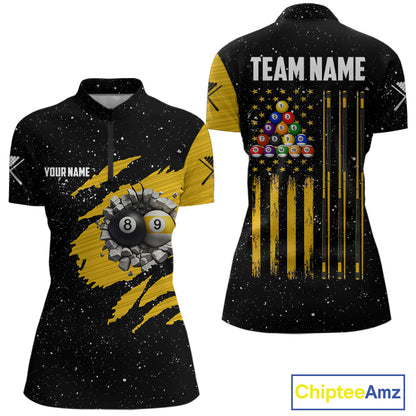 Yellow Black Grunge US Flag 8 Ball & 9 Ball Pool Women's Billiard Shirt Custom Billiard Team Jersey TDM5777