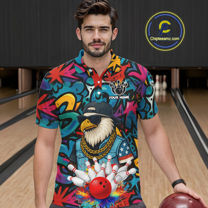Funny Eagle Colorful Graffiti Bowling Shirt For Men Custom Bowling Team Jersey Polo & 1/4 Zpip TDM5784