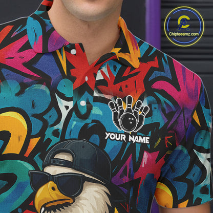 Funny Eagle Colorful Graffiti Bowling Shirt For Men Custom Bowling Team Jersey Polo & 1/4 Zpip TDM5784