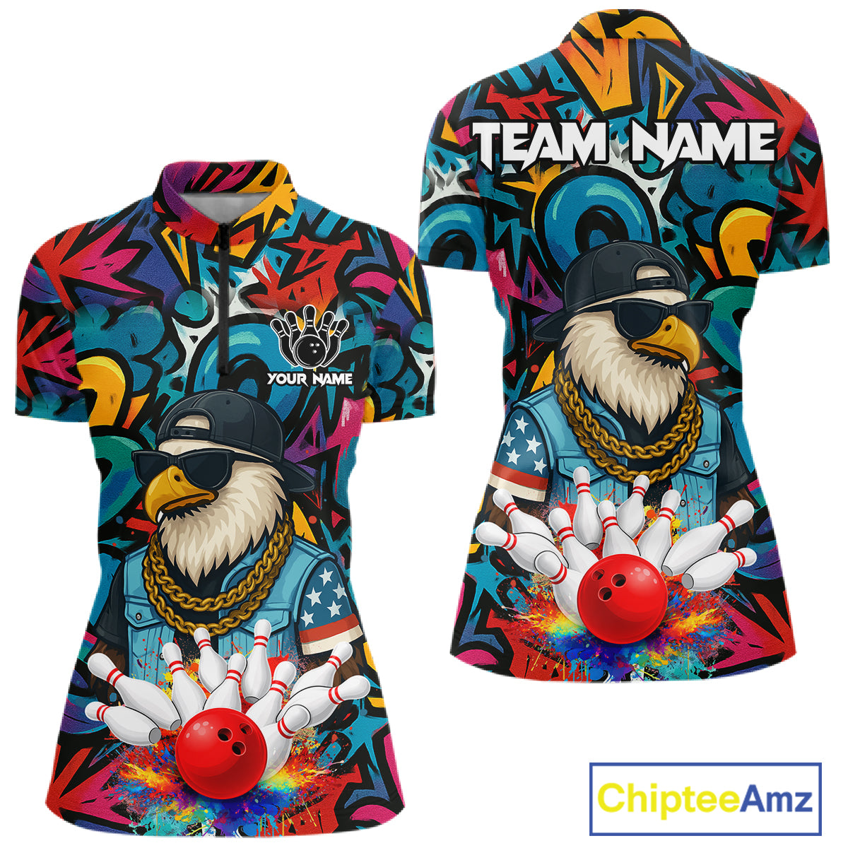 Funny Eagle Colorful Graffiti Bowling Shirt For Women Custom Bowling Team Jersey Polo & 1/4 Zpip TDM5784