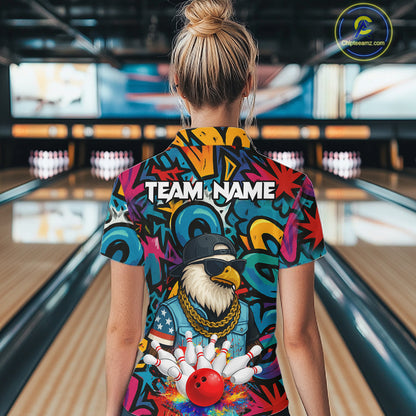 Funny Eagle Colorful Graffiti Bowling Shirt For Women Custom Bowling Team Jersey Polo & 1/4 Zpip TDM5784