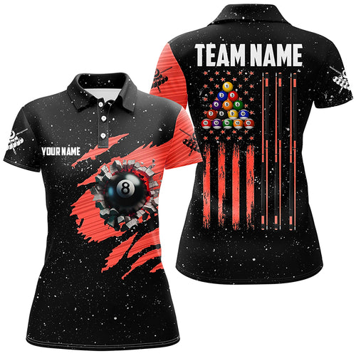 Customized Grunge American Flag 8 Ball Pool Women Billiard Polo Shirts, Pool Player Shirts |Red TDM1114