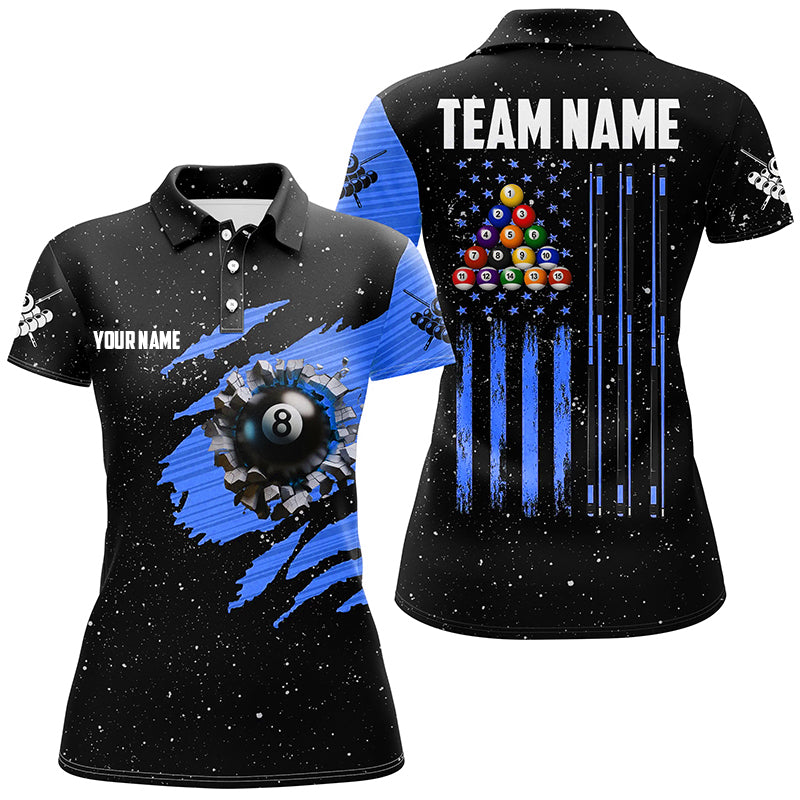 Customized Grunge American Flag 8 Ball Pool Women Billiard Polo Shirts, Pool Player Shirts |Blue TDM1115