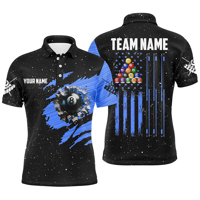 Customized Grunge American Flag 8 Ball Pool Men Billiard Polo Shirts, Pool Player Shirts |Blue TDM1115