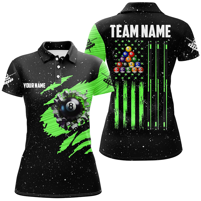 Customized Grunge American Flag 8 Ball Pool Women Billiard Polo Shirts, Pool Player Shirts |Green TDM1116